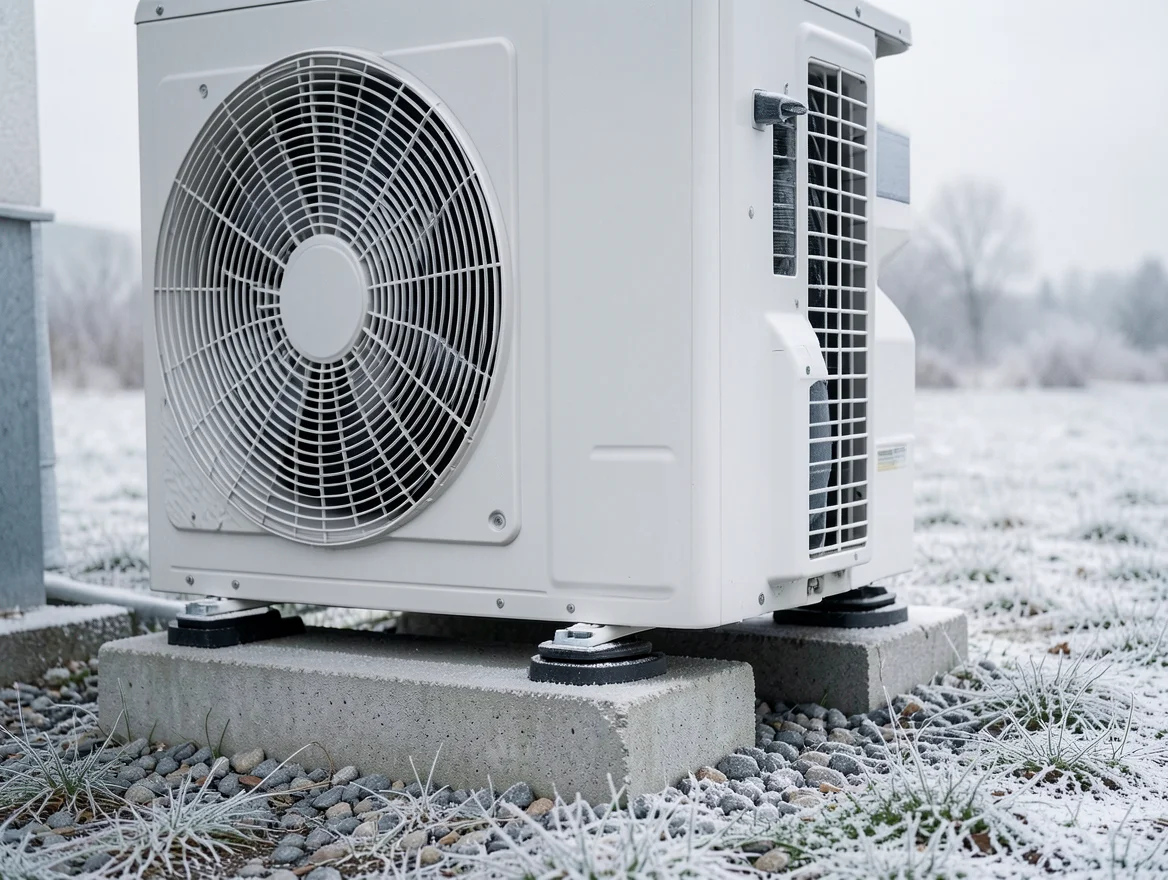 Givre sur l'échangeur d'une unité extérieure de pompe à chaleur en hiver