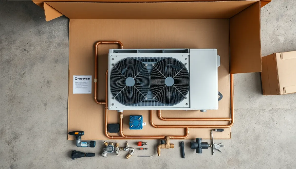Composants d'une pompe à chaleur air/eau déballés avant la pose : module intérieur, tuyaux et accessoires
