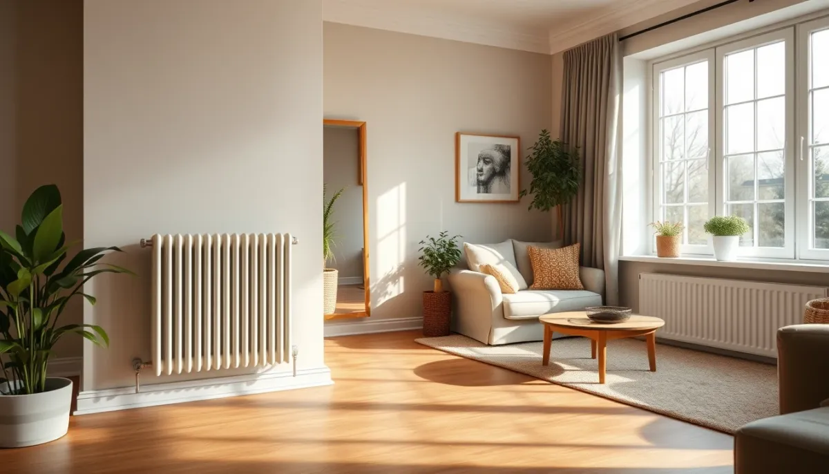 Intérieur de maison avec radiateurs et plancher chauffant compatibles avec une pompe à chaleur air/eau