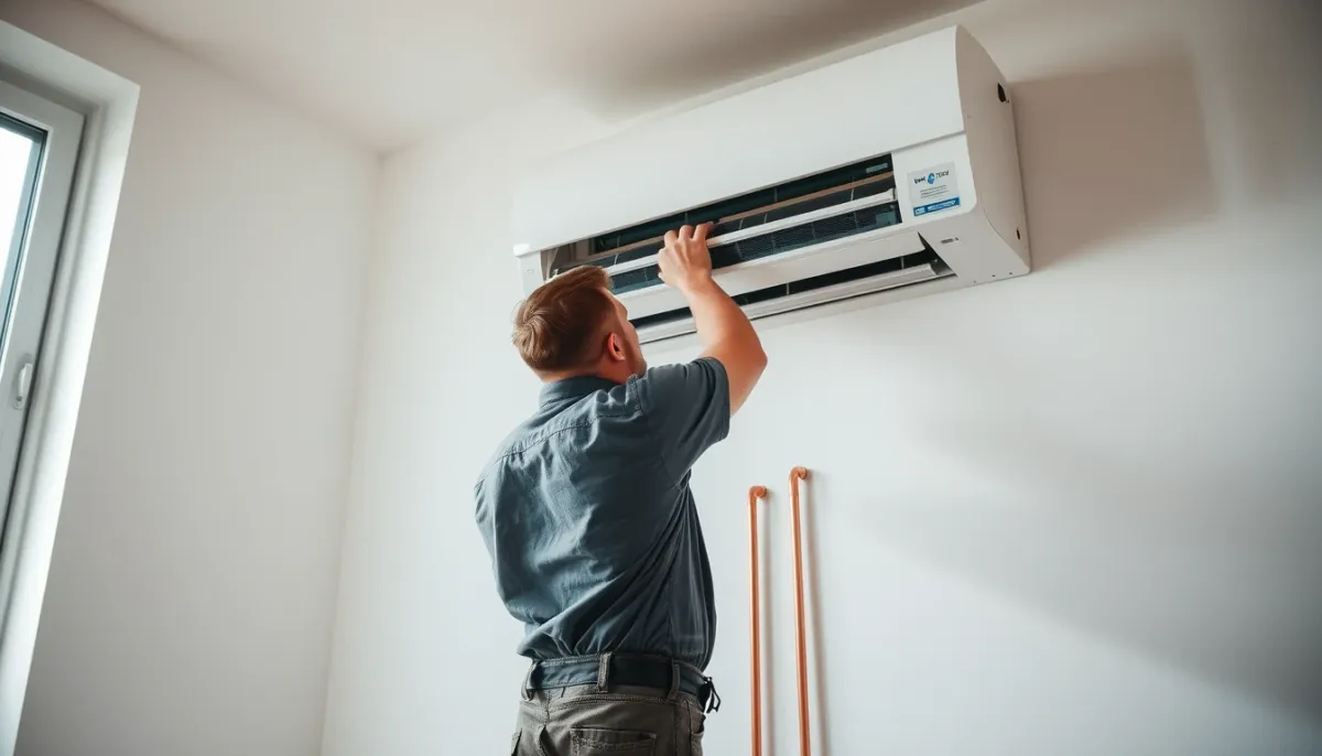 Technicien certifié RGE installant une unité intérieure de climatisation réversible murale dans une maison