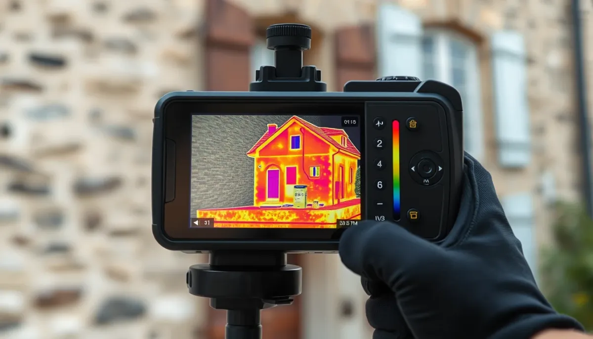 Caméra thermique affichant les déperditions de chaleur d'une maison ancienne, diagnostic avant installation de climatisation