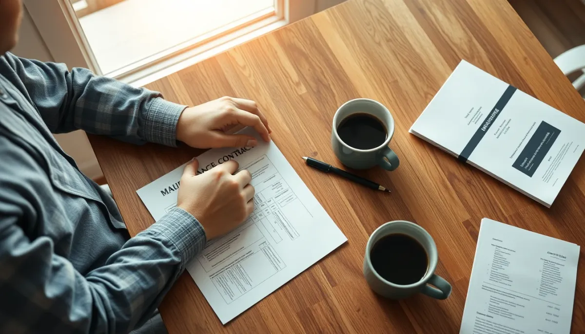Propriétaire examinant un contrat d'entretien et une facture