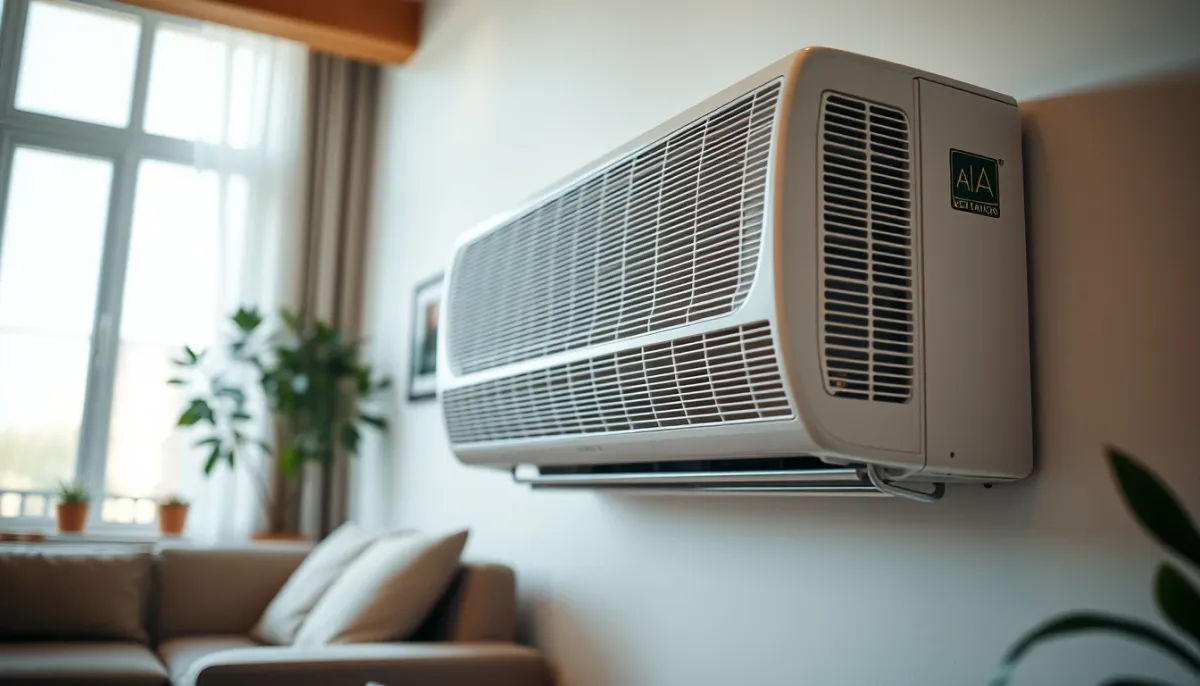 Unité intérieure murale d'une pompe à chaleur air/air dans un salon lumineux