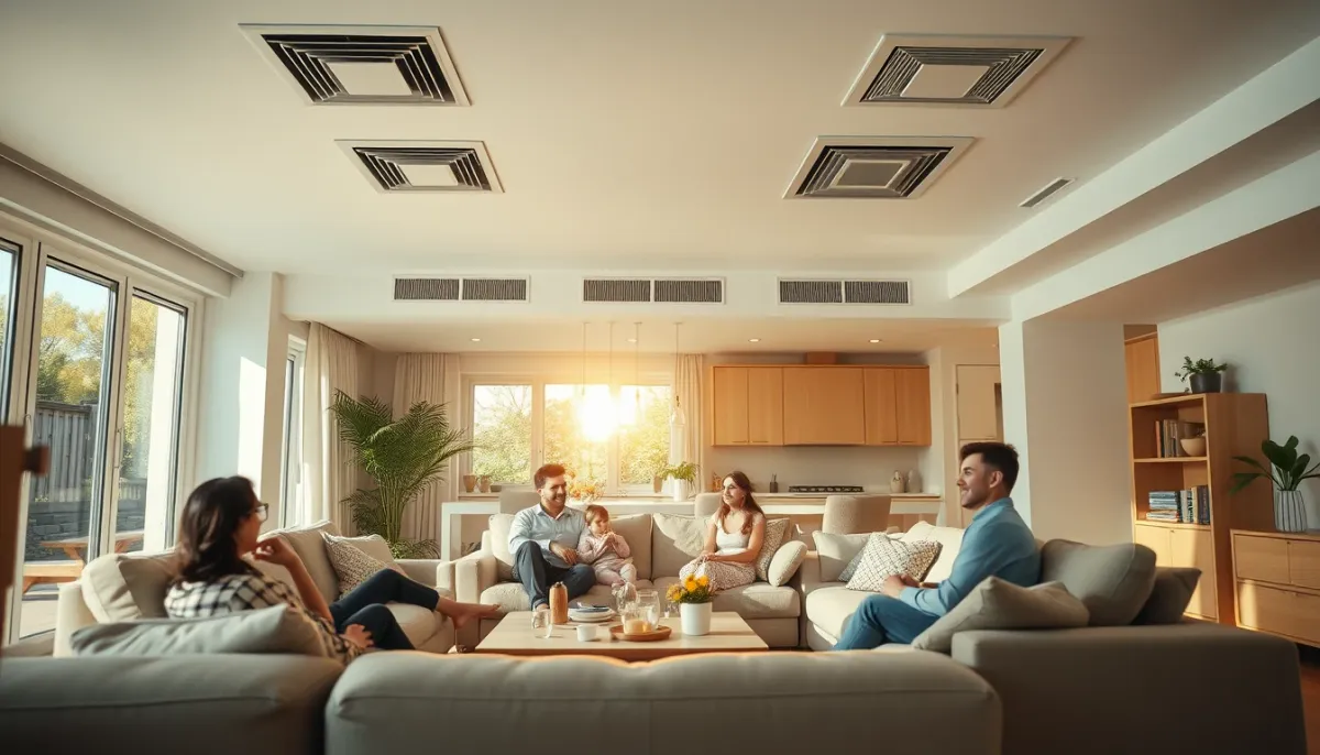 Famille profitant d'un salon climatisé par gainable, confort homogène et silencieux
