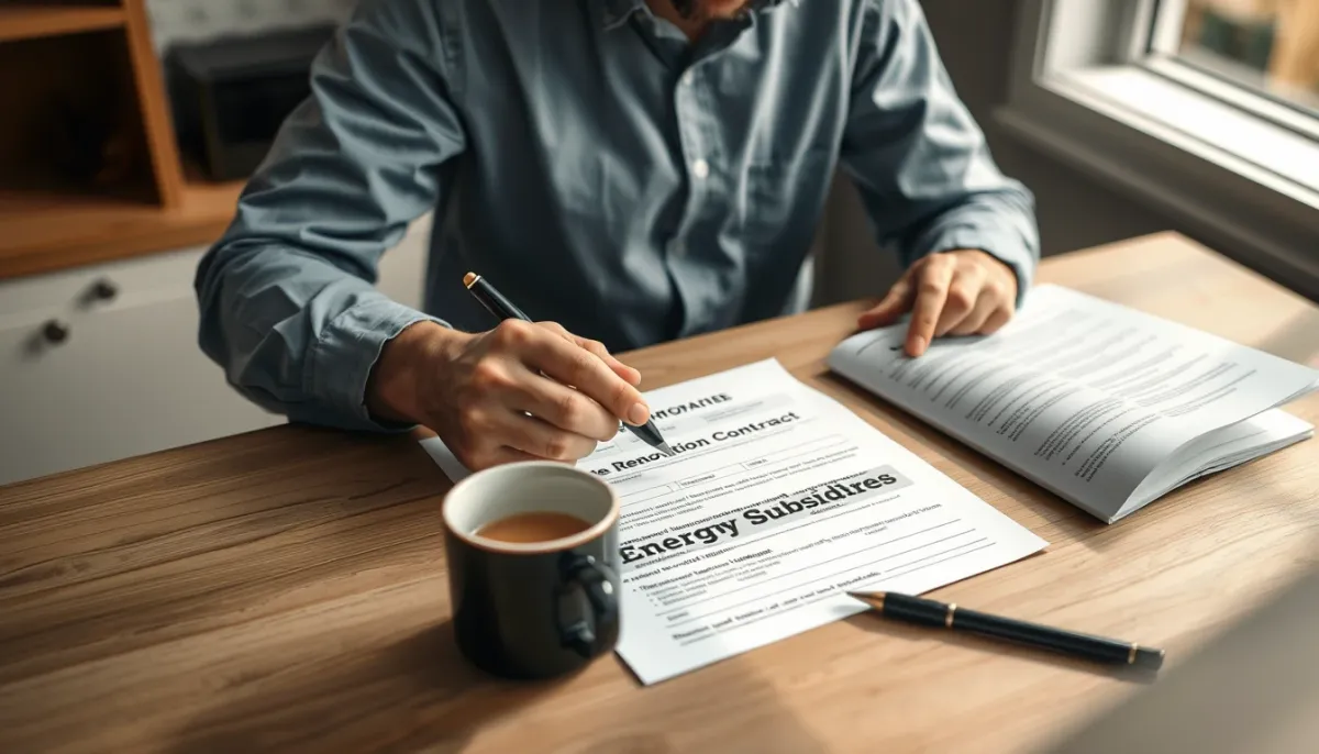 Personne examinant un contrat de rénovation énergétique et des formulaires d'aides à la maison
