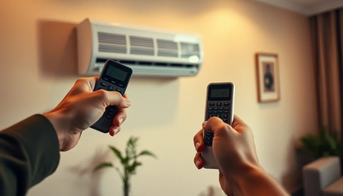Télécommande de climatisation réversible Mitsubishi Electric en main, réglage de la température