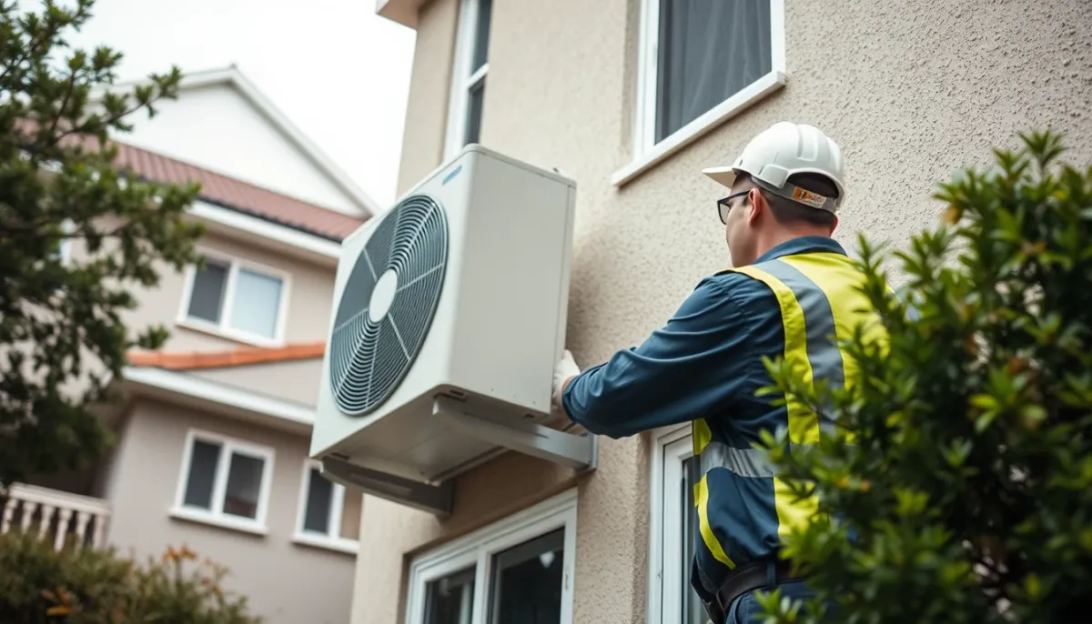 Installation d'une unité extérieure de climatisation réversible Mitsubishi Electric sur une façade