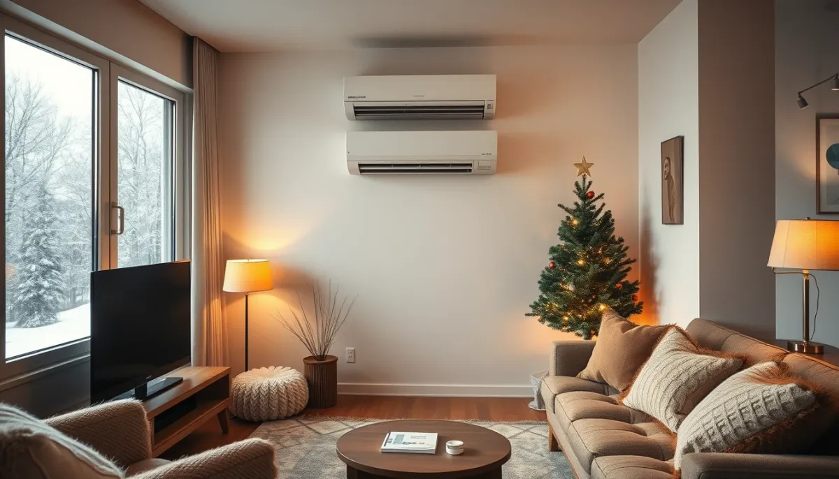 Salon confortable en hiver avec climatisation réversible Mitsubishi Electric en mode chauffage