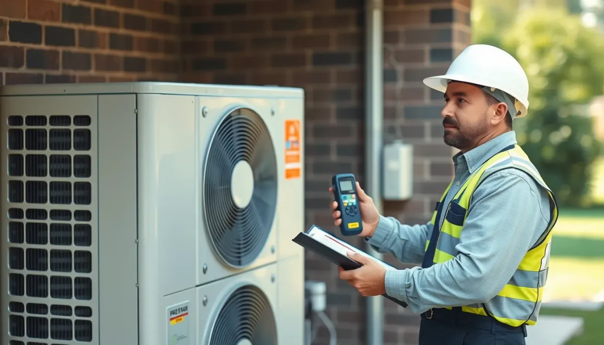 Technicien mesurant le niveau sonore d'une pompe à chaleur avec un sonomètre