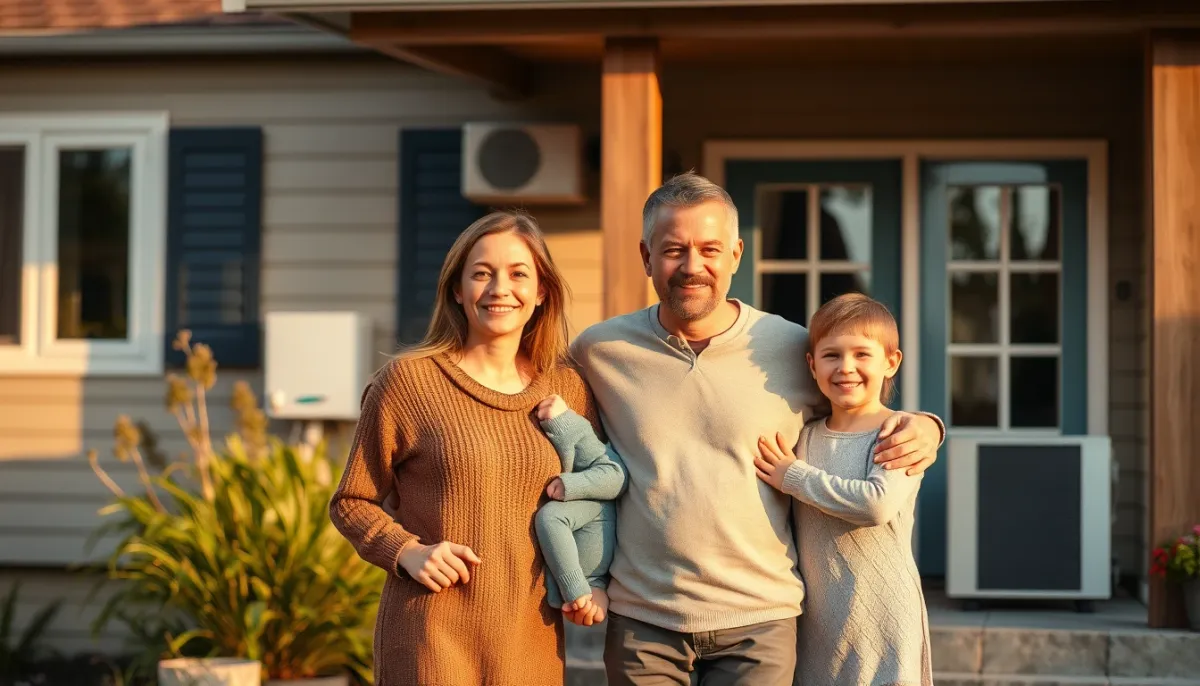 Famille devant sa maison équipée d'une pompe à chaleur air/eau