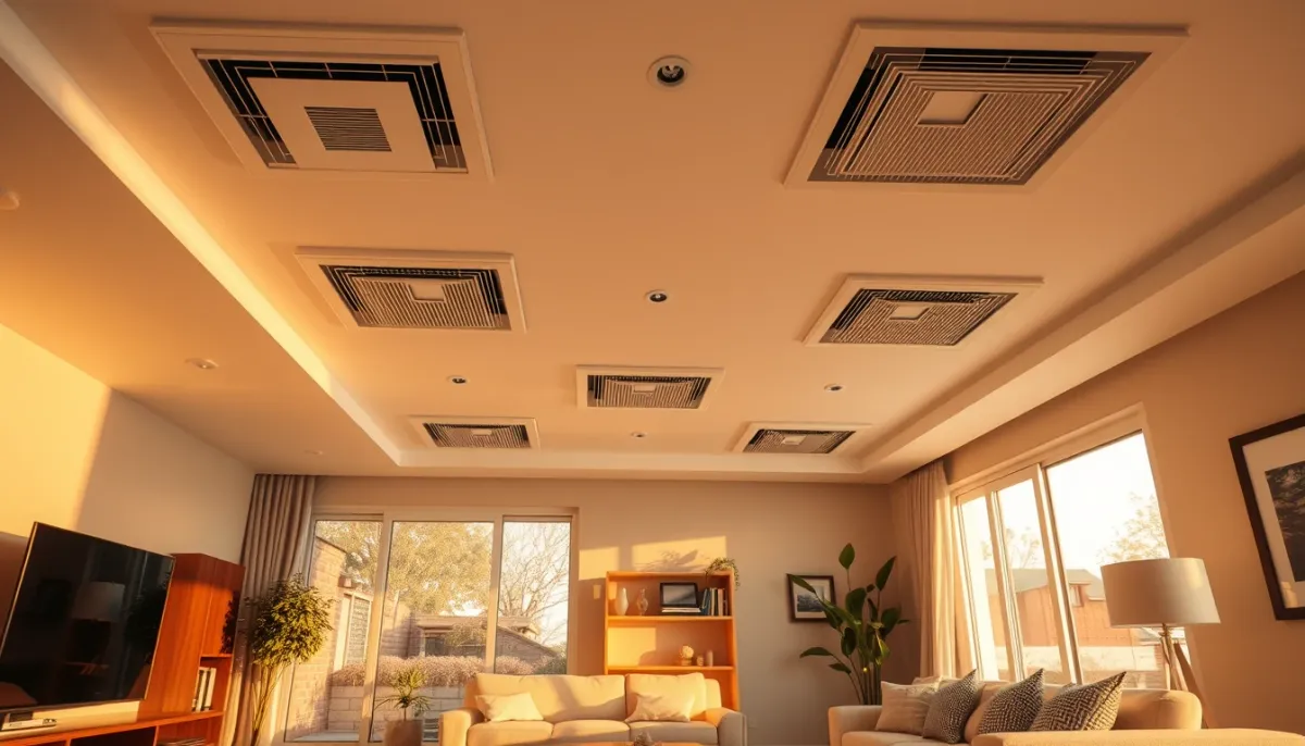 Pièce de vie avec plusieurs bouches de climatisation gainable bien réparties au plafond