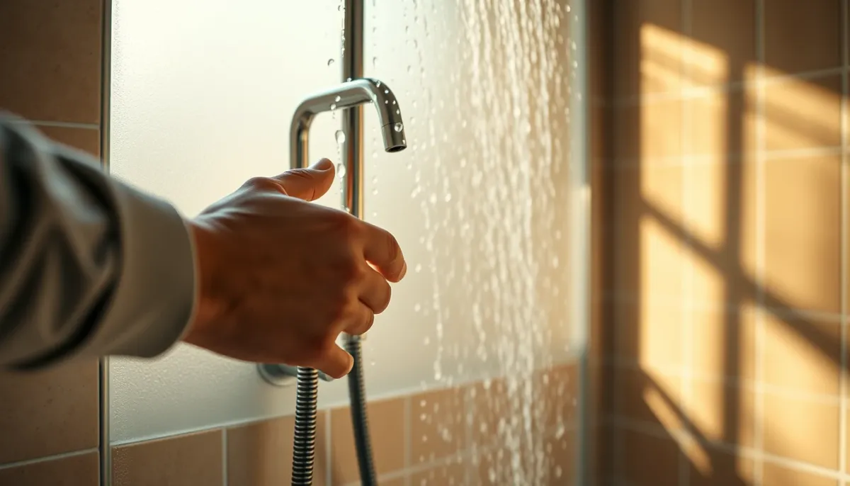Salle de bain familiale avec douche en fonctionnement, illustrant la consommation d'eau chaude