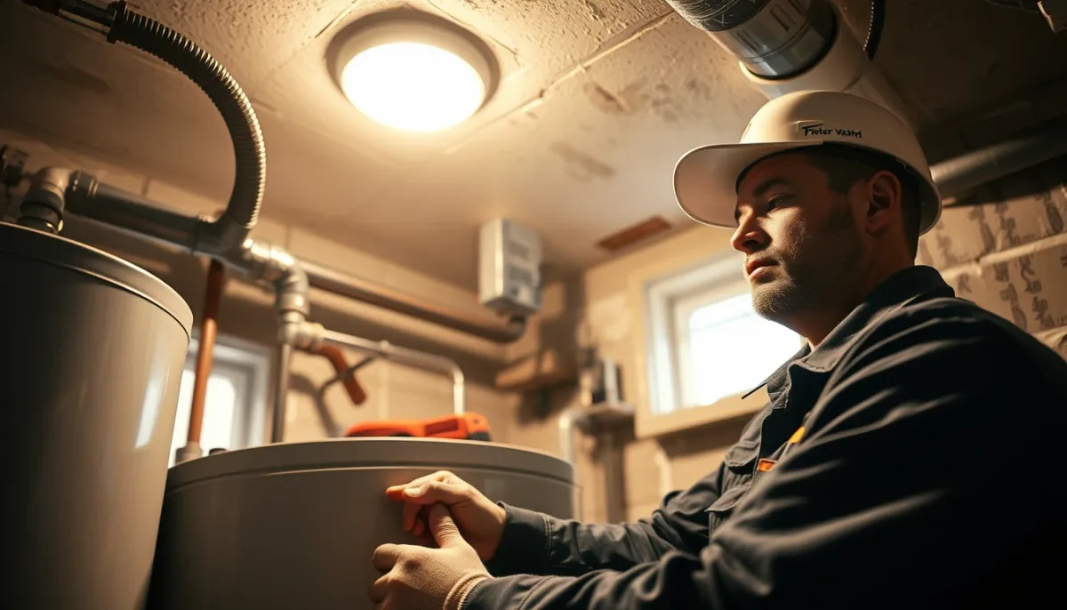 Technicien installant un chauffe-eau thermodynamique dans une cave résidentielle