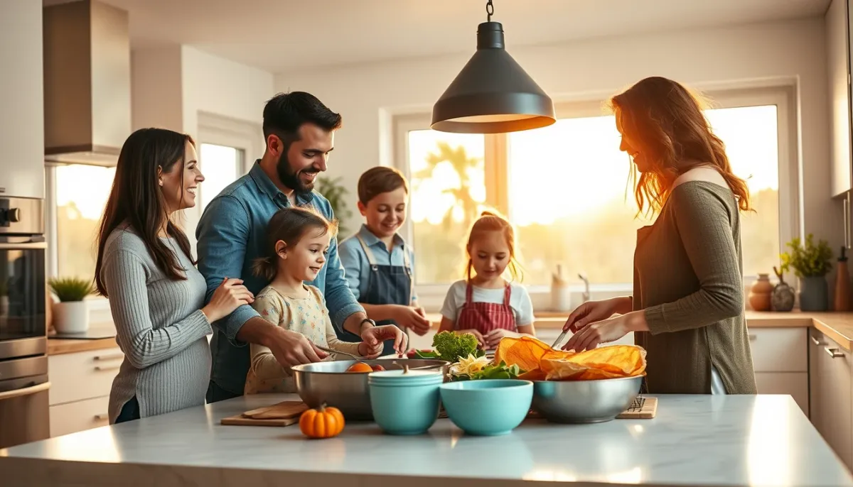 Famille de cinq personnes dans une cuisine moderne, illustrant un foyer nombreux