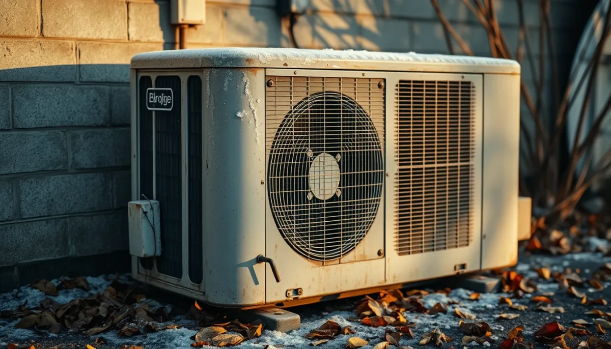 Unité extérieure de climatisation ancienne et givrée, illustrant une réparation non rentable