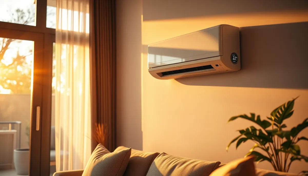 Salon confortable avec climatisation réversible en mode chauffage, réglée à 22°C
