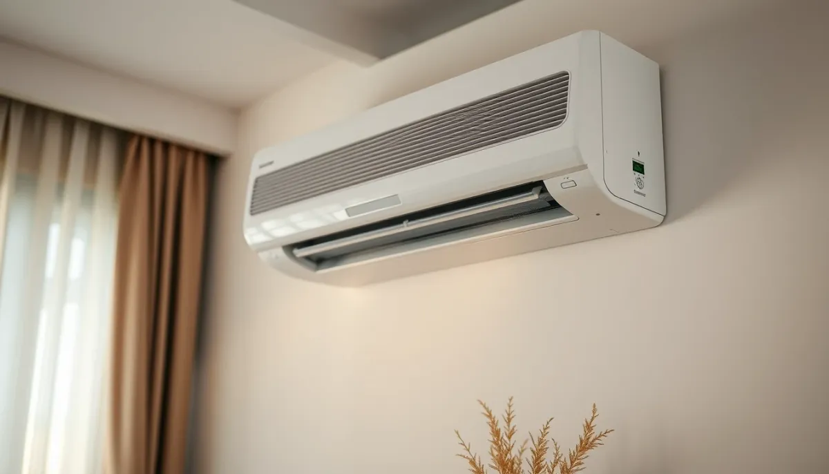 Climatisation réversible en mode chauffage dans une chambre, soufflage orienté vers le bas