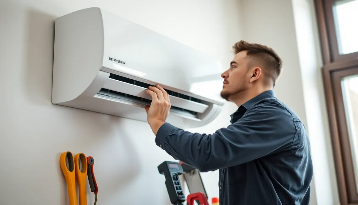 Technicien certifié RGE installant une climatisation réversible murale
