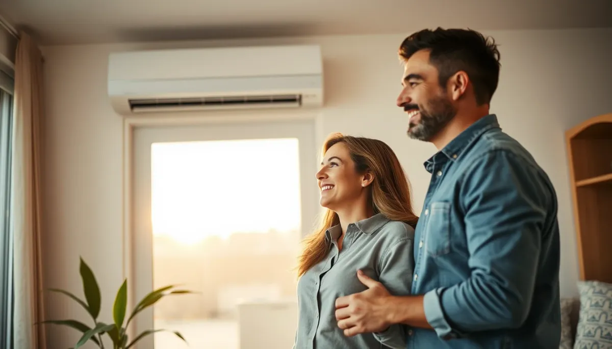 Couple satisfait devant sa nouvelle climatisation réversible