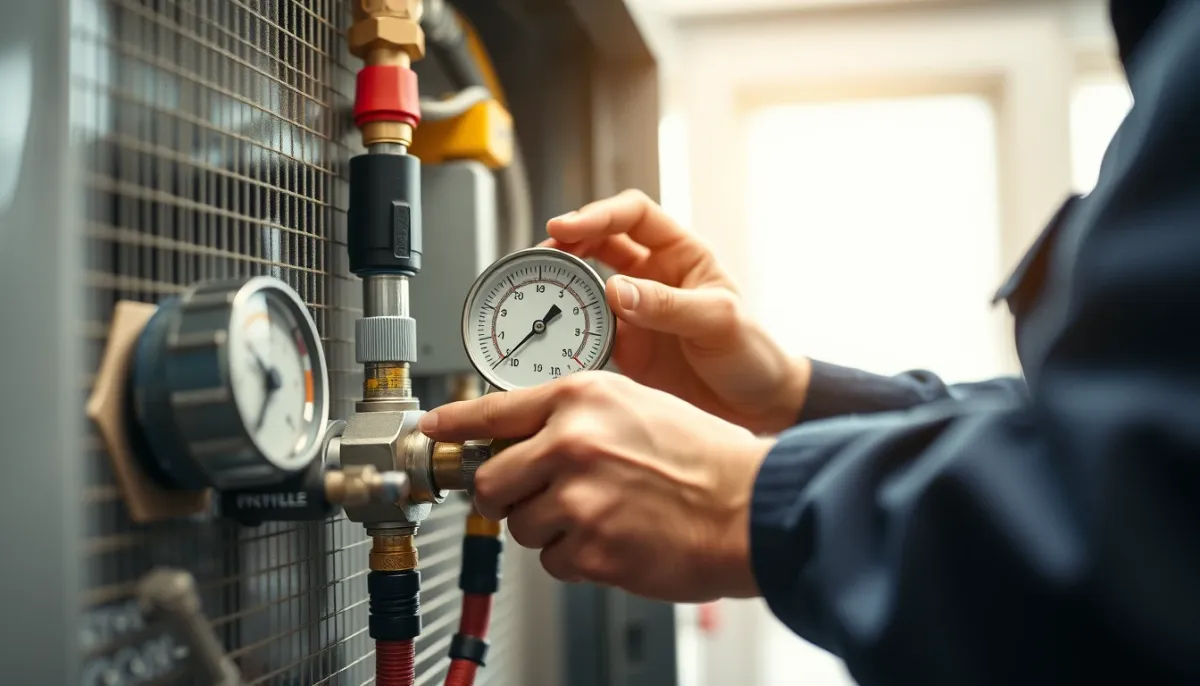 Technicien contrôlant la pression du circuit frigorifique d'une pompe à chaleur avec un manifold