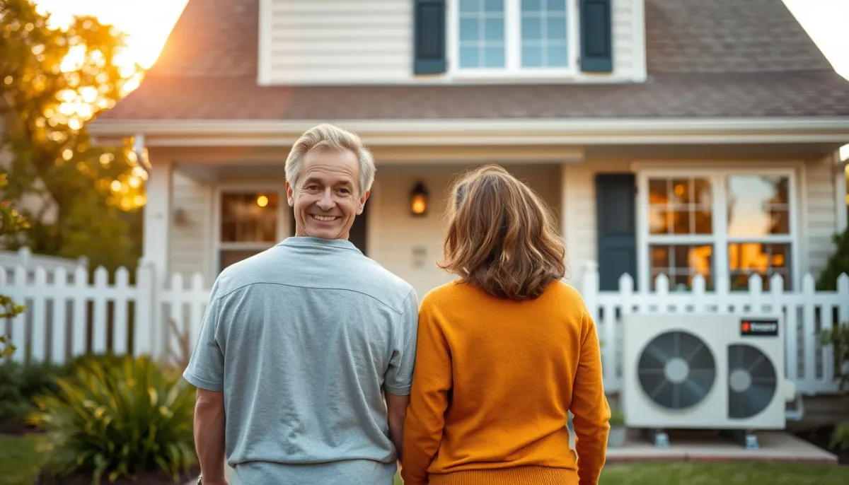 Propriétaires satisfaits devant leur maison équipée d'une pompe à chaleur