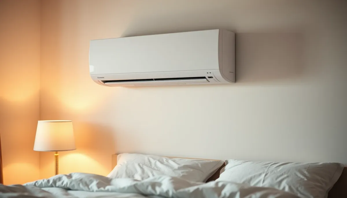 Climatisation murale dans une chambre à coucher, au-dessus du lit