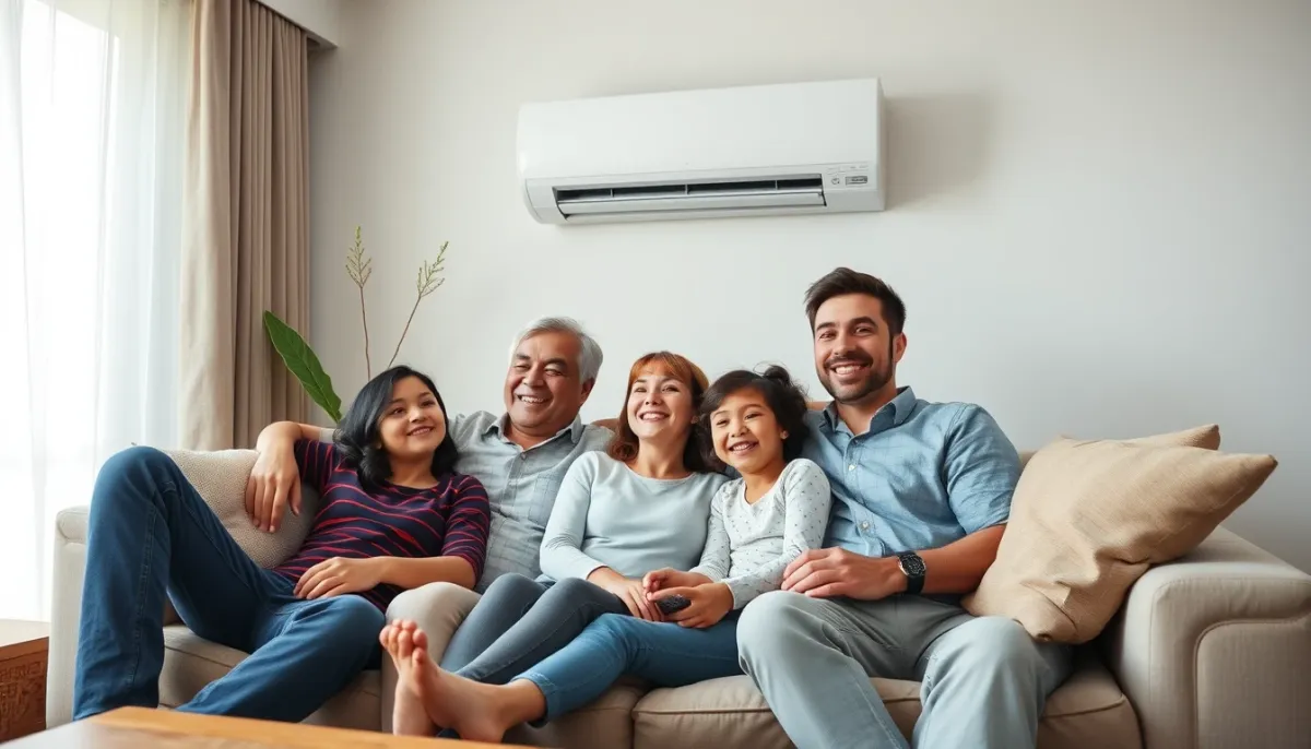 Famille se détendant dans un salon climatisé