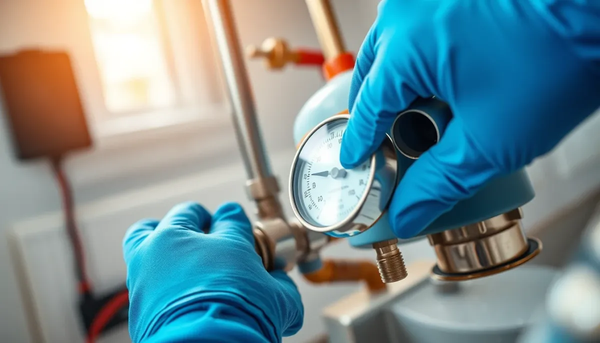Professionnel vérifiant le groupe de sécurité et la pression lors de l'entretien d'un chauffe-eau thermodynamique