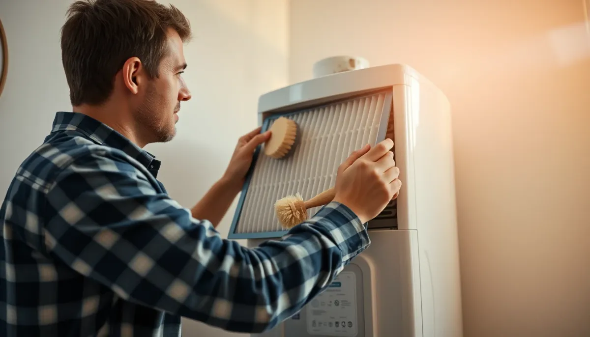 Particulier nettoyant le filtre à air d'un chauffe-eau thermodynamique