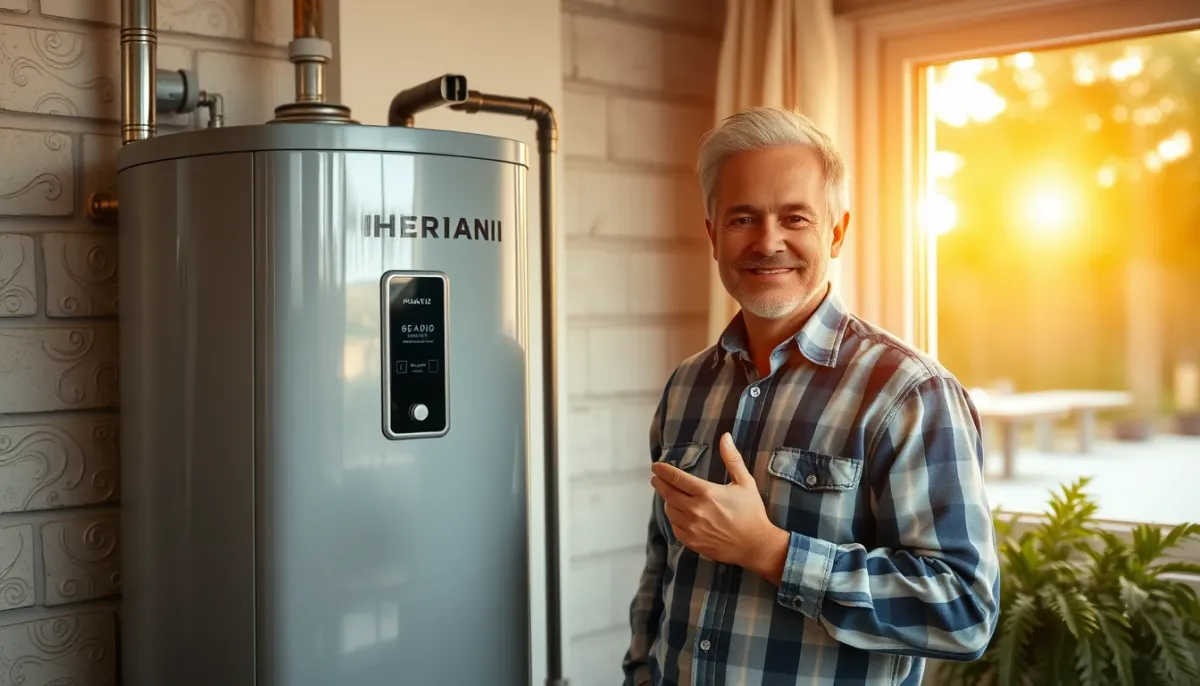 Propriétaire souriant devant son chauffe-eau thermodynamique entretenu