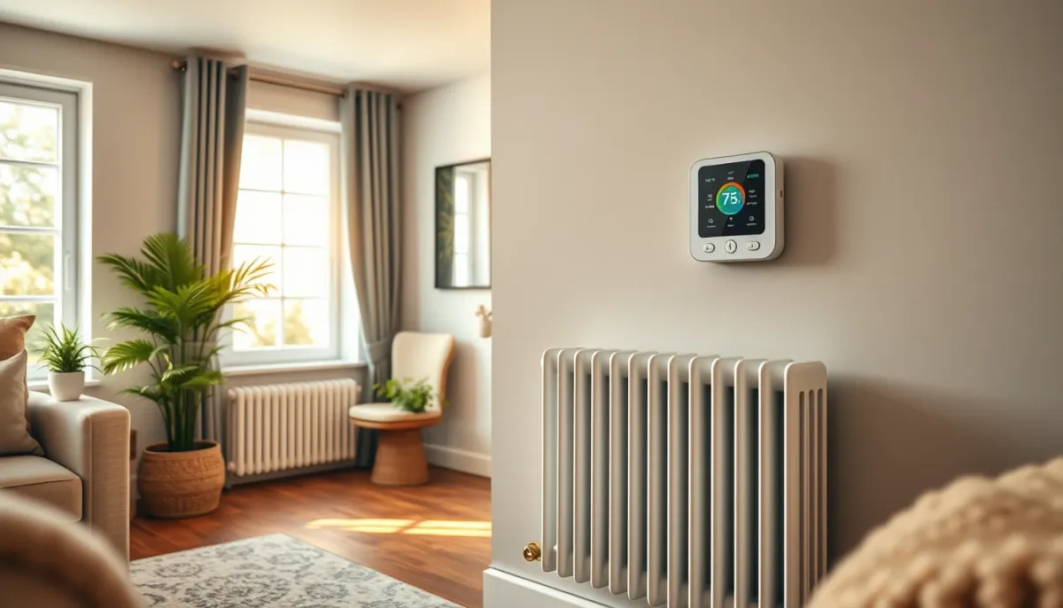 Salon confortable avec radiateur moderne et thermostat intelligent, illustrant le confort d'une PAC Panasonic Aquarea