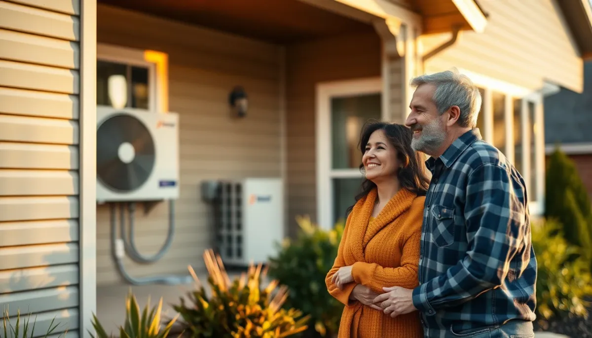 Couple de propriétaires satisfaits devant leur maison équipée d'une PAC Panasonic Aquarea