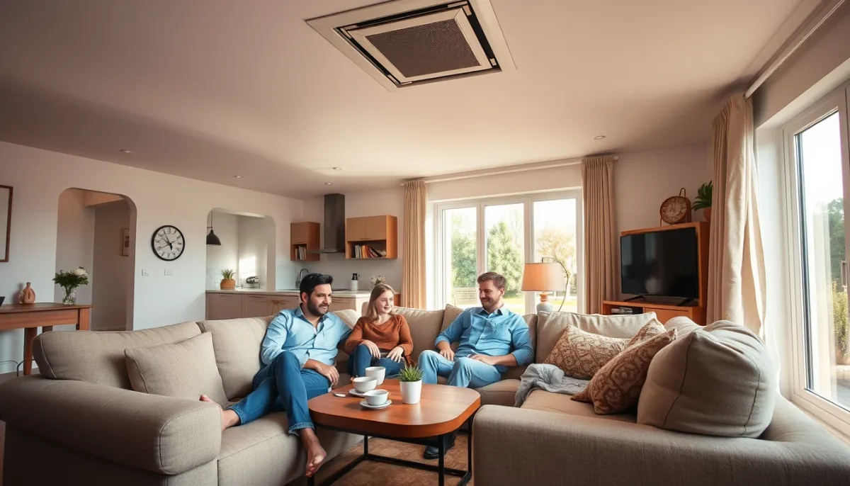 Famille profitant d'un confort thermique homogène dans une maison équipée d'une climatisation gainable multizone