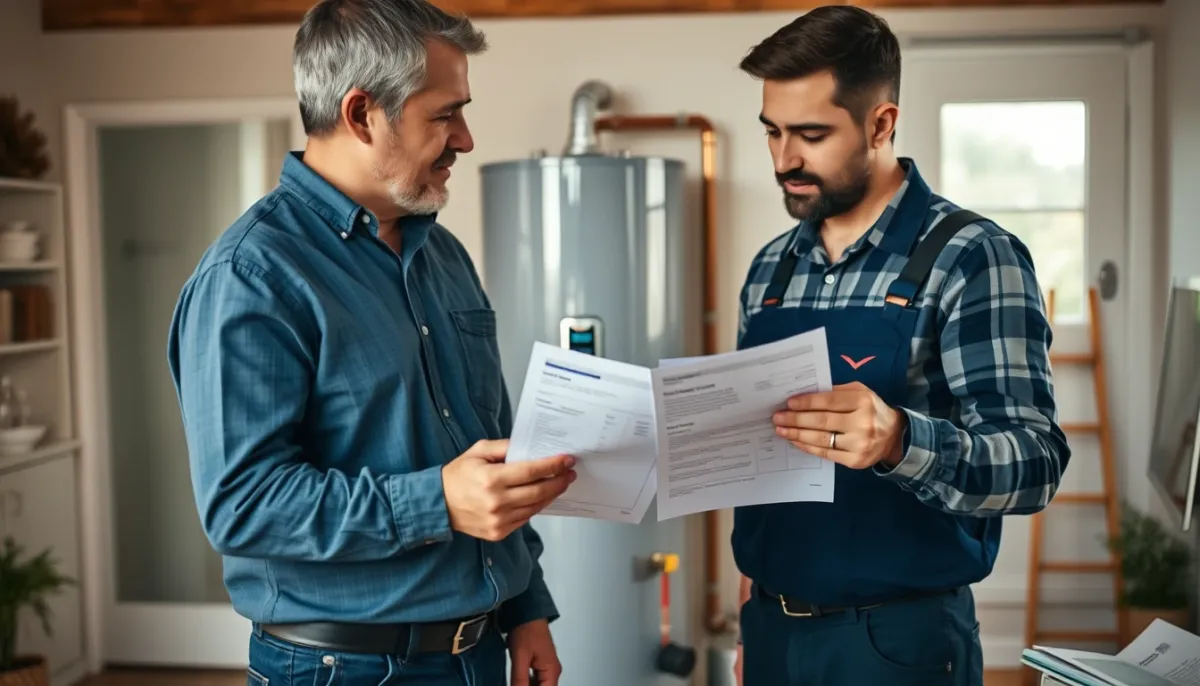 Propriétaire et technicien examinant un devis pour un chauffe-eau thermodynamique