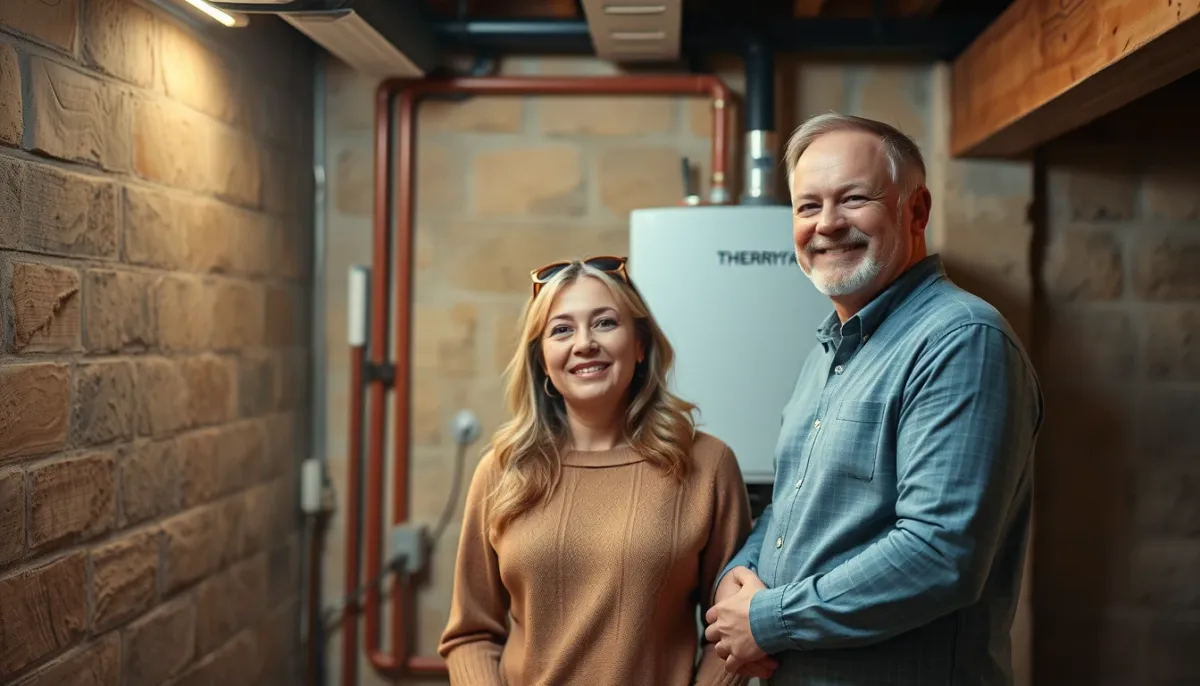 Couple satisfait devant son nouveau chauffe-eau thermodynamique après installation