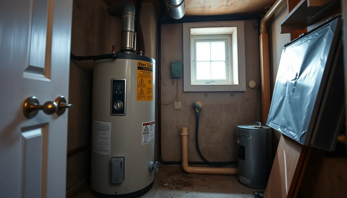 Ancien chauffe-eau électrique déposé dans un local exigu avant remplacement