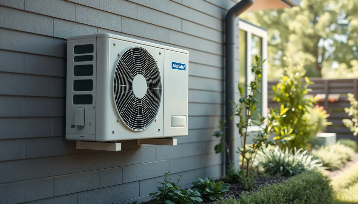 Unité extérieure d'une pompe à chaleur air/eau installée contre un mur de maison