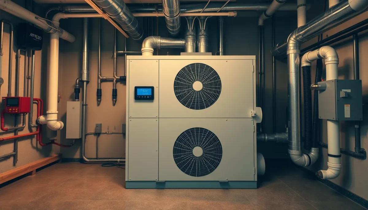 Unité intérieure d'une pompe à chaleur géothermique dans un local technique