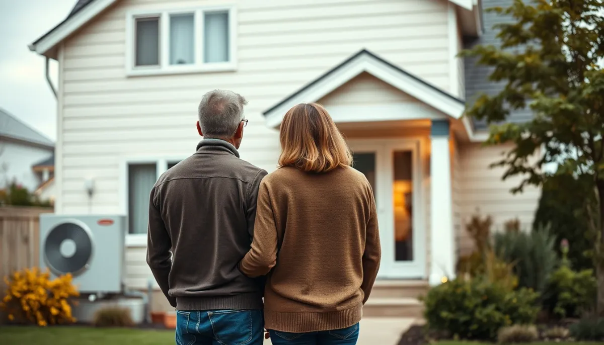 Couple devant sa maison équipée d'une pompe à chaleur
