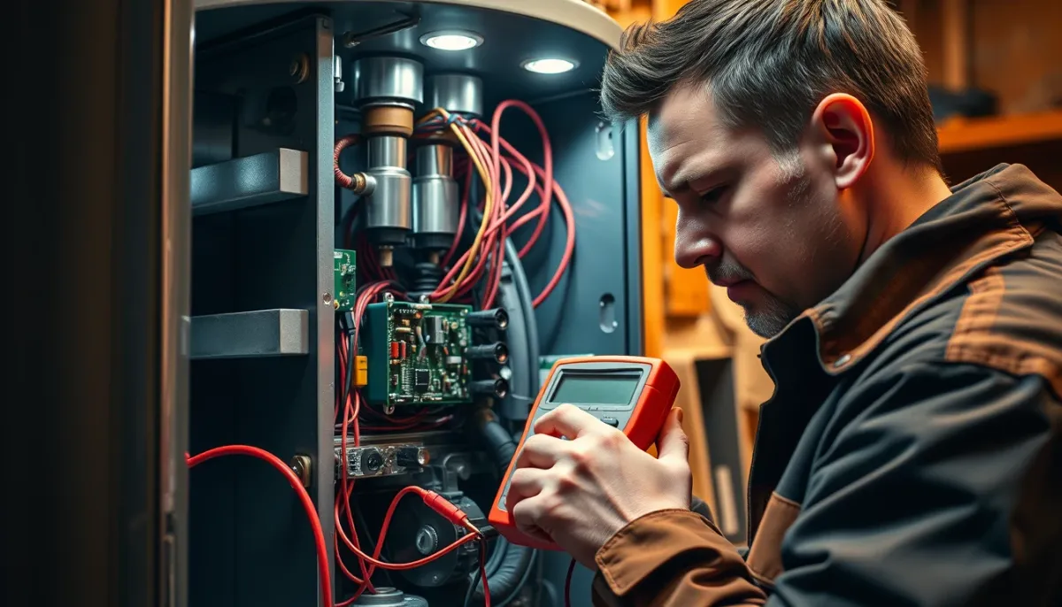 Technicien certifié intervenant sur la carte électronique d'un chauffe-eau thermodynamique Thermor