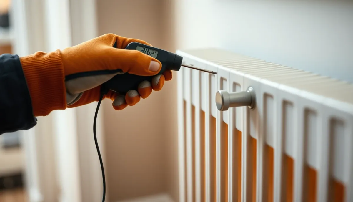 Technicien vérifiant la température d'un radiateur avec un thermomètre numérique