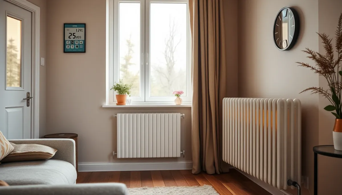 Salon confortable avec un radiateur basse température diffusant une chaleur douce