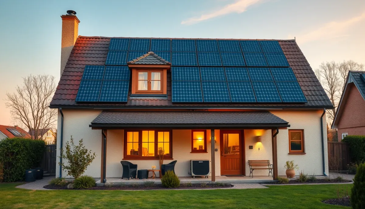 Maison bien isolée équipée d'une pompe à chaleur et de panneaux solaires