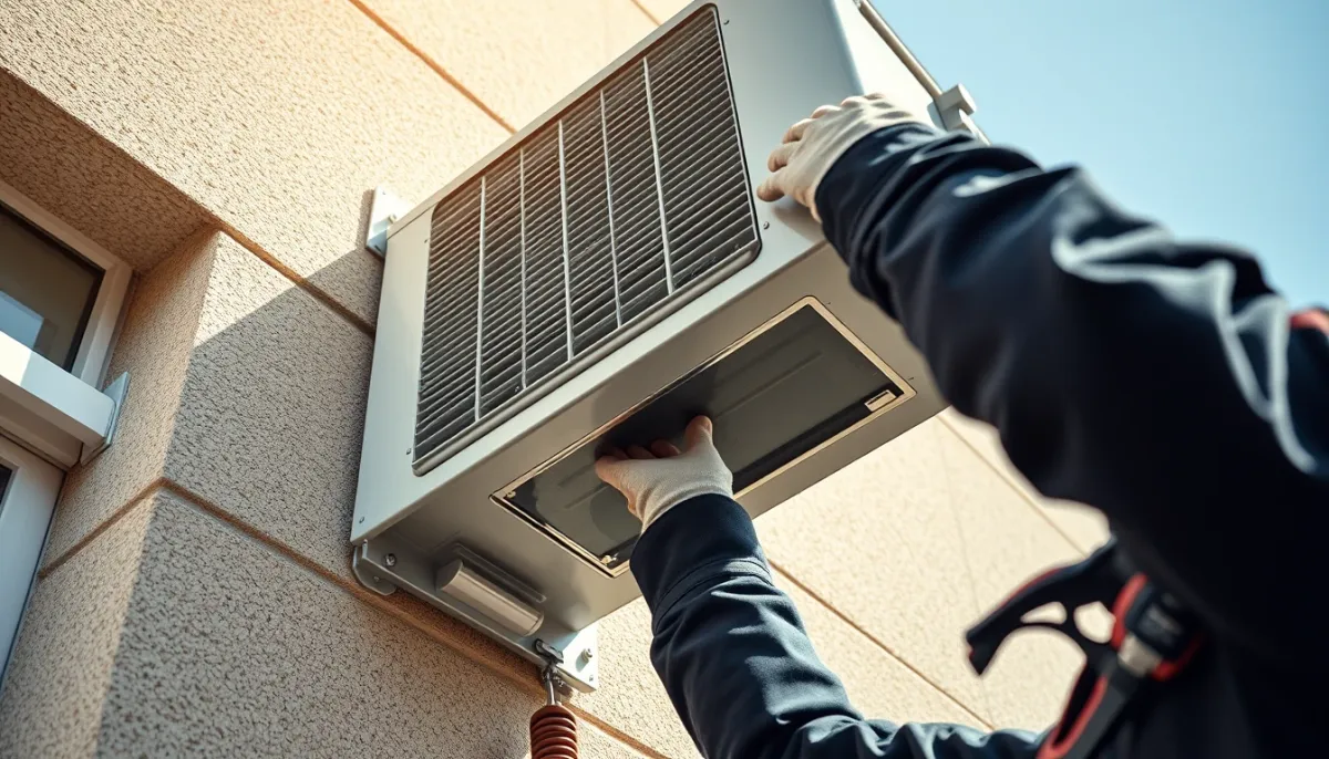 Installation d'une unité extérieure de climatisation par un professionnel