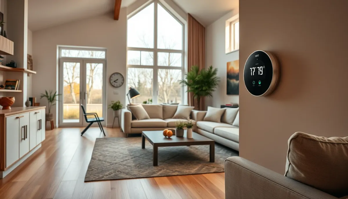Intérieur confortable d'une maison chauffée par une PAC air/eau avec thermostat réglé