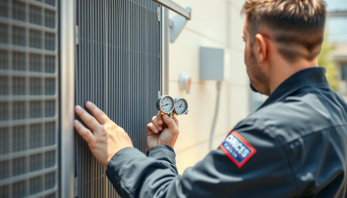 Technicien certifié contrôlant la pression de gaz d'une unité extérieure de climatisation
