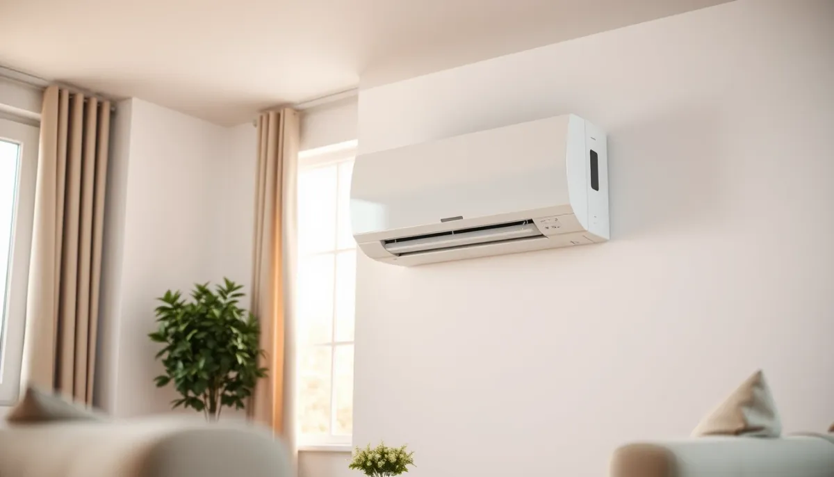 Unité intérieure d'une climatisation réversible air/air fixée au mur d'un salon lumineux