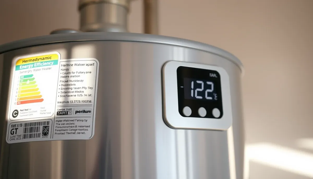 Gros plan sur l'étiquette énergétique et l'écran de contrôle du chauffe-eau Ariston Nuos