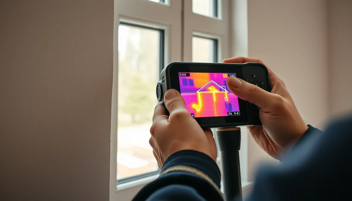 Technicien utilisant une caméra thermique pour mesurer les pertes de chaleur d'un mur et d'une fenêtre