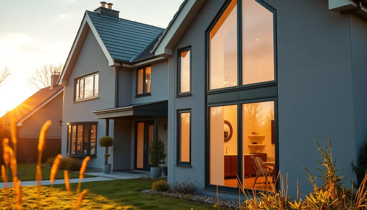 Maison moderne bien isolée avec fenêtres double vitrage et isolation extérieure